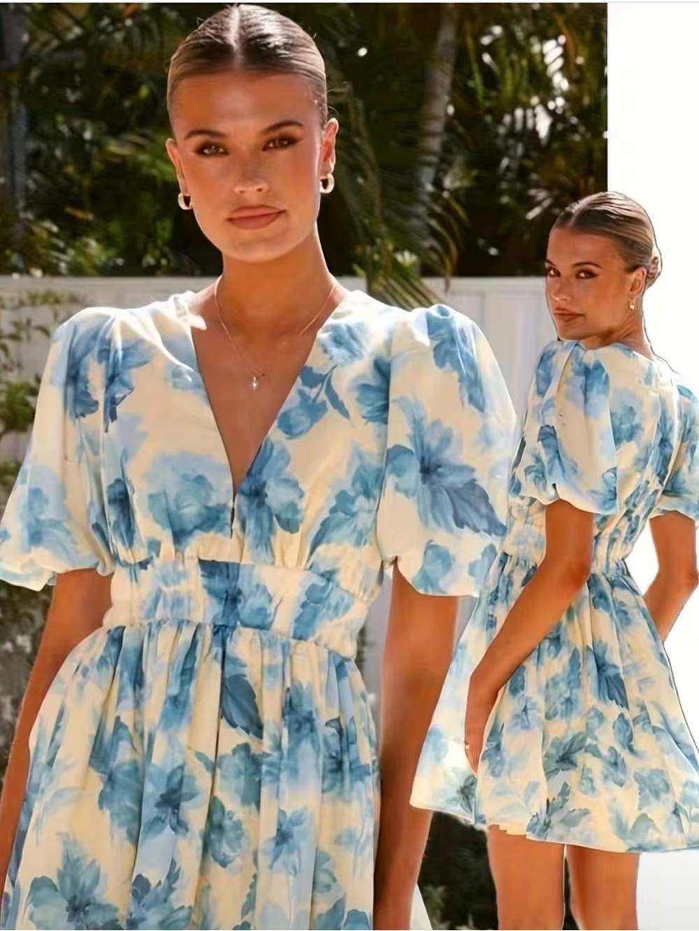 Billy J Erin Yellow and Blue Floral V-Neck Puff Sleeve Dress